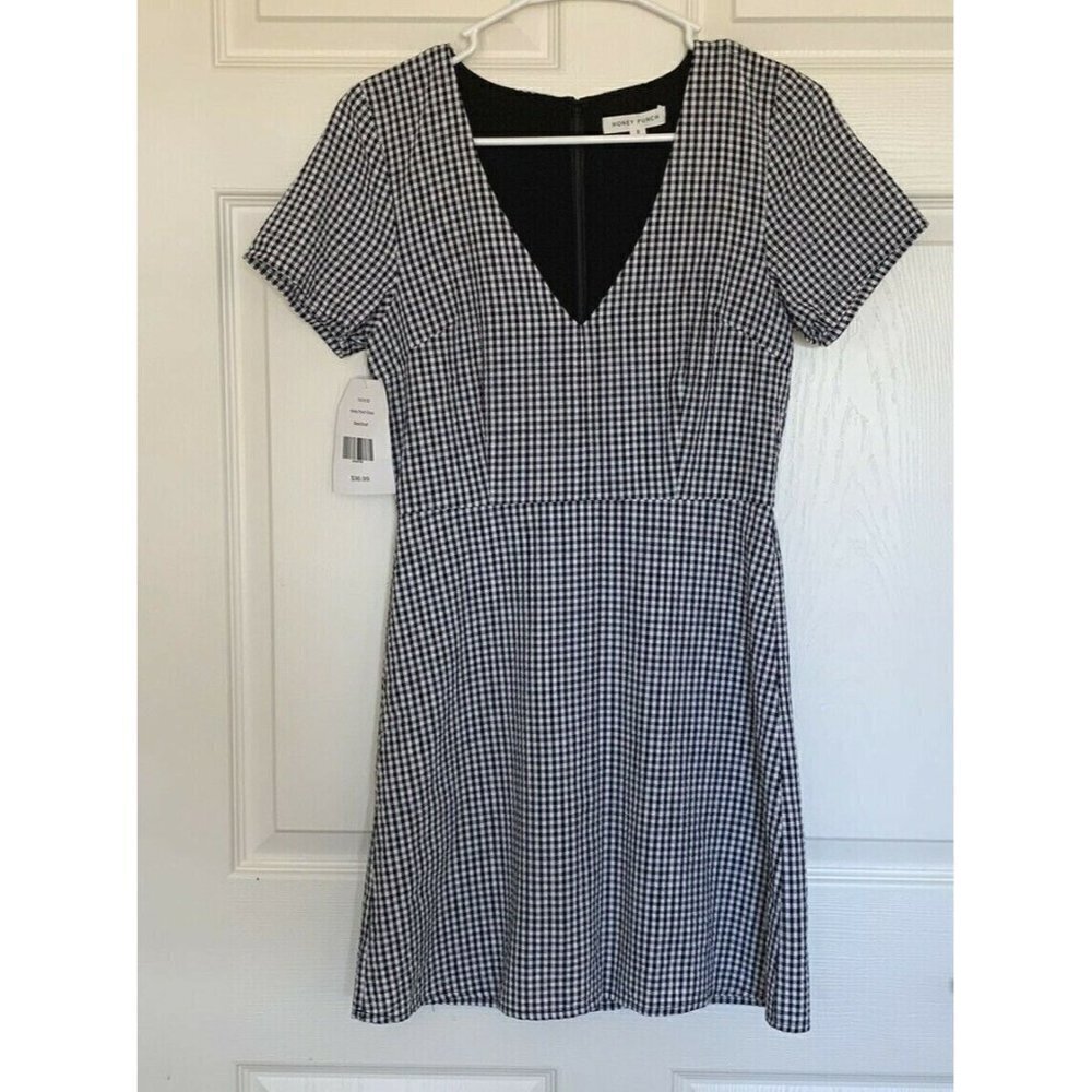 Honey Punch Dress Small Black and White Gingham Short Sleeve New